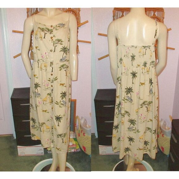 Old Navy Dresses & Skirts - Old Navy Shirt Dress Size XXL Linen Blend Midi Smocked Sleeveless Safari Animals